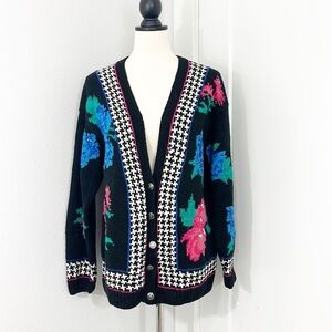 Vintage Robert Scott Small Black, Blue, Pink Floral Houndstooth V-Neck Cardigan
